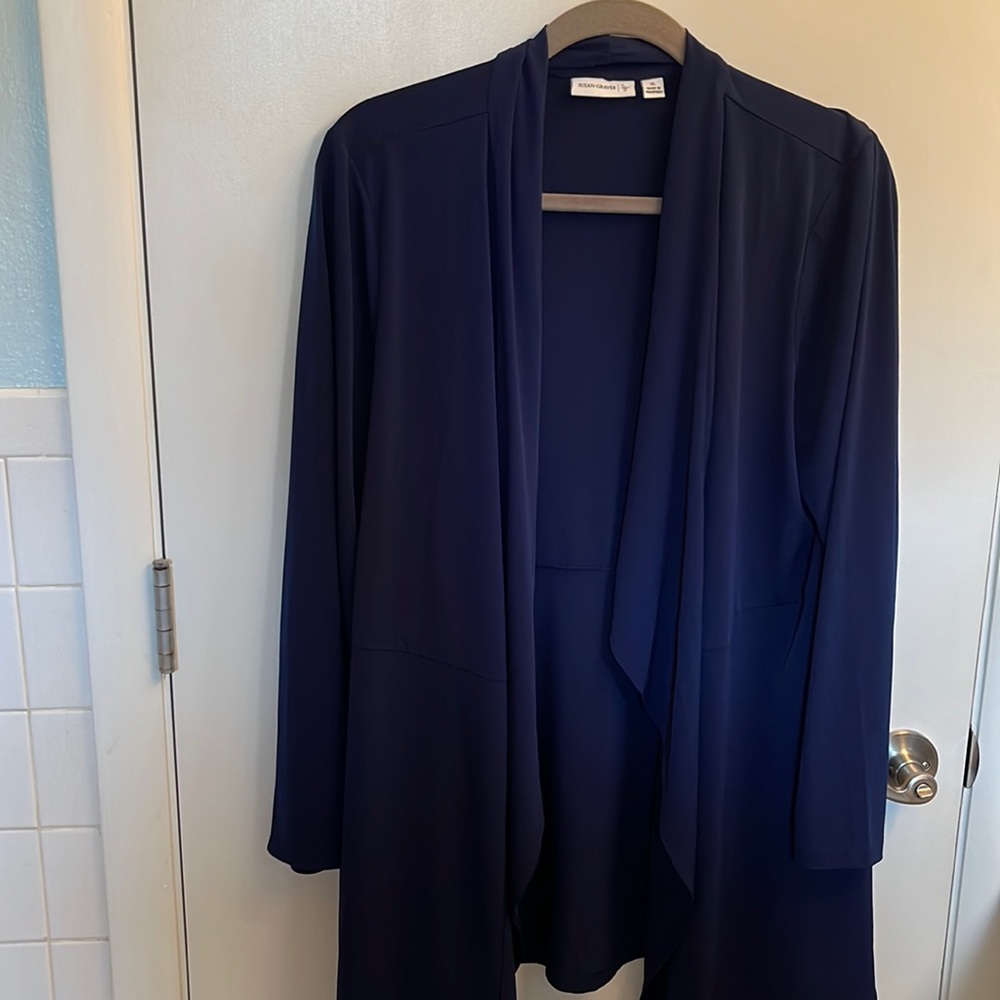 Susan Graver navy blue open front liquid knit cardigan